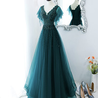 Green tulle beads long prom dress evening gown - Thumbnail 4