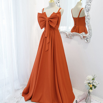 Cute bow long prom dress a line evening gown