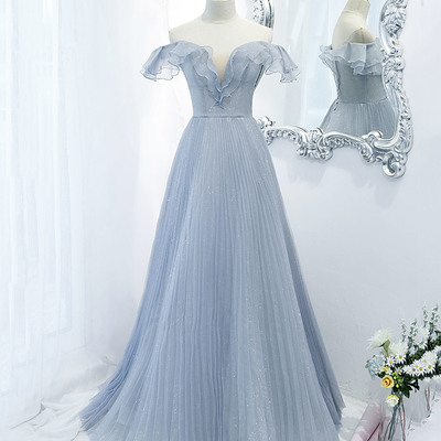 Blue tulle long prom dress blue evening dress - Thumbnail 3