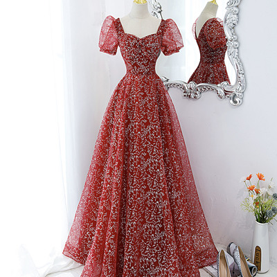 Cute tulle sequins long prom dress evening dress - Thumbnail 1