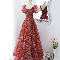 Cute tulle sequins long prom dress evening dress - Thumbnail 1