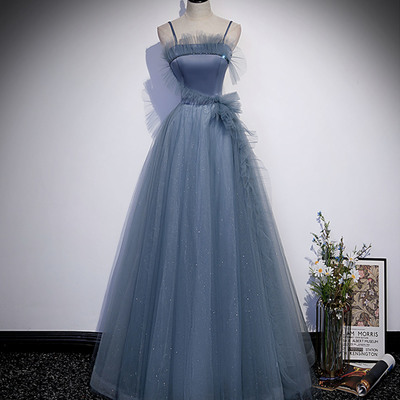 Blue satin tulle long prom dress a line evening dress - Thumbnail 4
