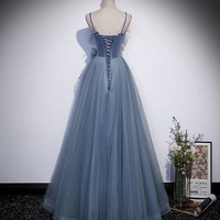 Blue satin tulle long prom dress A line evening dress - Thumbnail 2