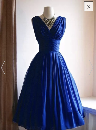 V Neck Royal Blue Prom Dresses Tea Length