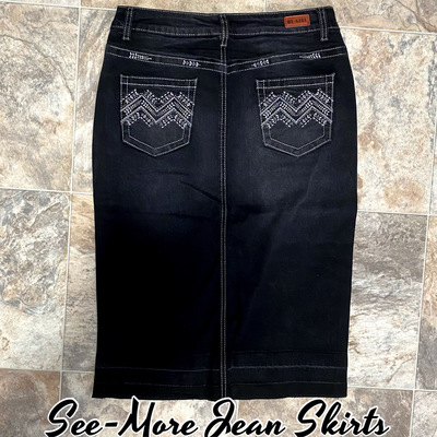 Chelsea mid length black wash denim skirt