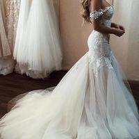 Off Shoulder Mermaid Tulle Wedding Dress with Lace - Thumbnail 1