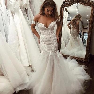 Off shoulder mermaid tulle wedding dress with lace - Thumbnail 4