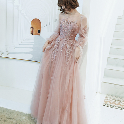 Pink tulle lace long prom dress pink evening dress - Thumbnail 4