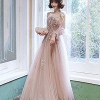 Pink tulle lace long prom dress pink evening dress - Thumbnail 1