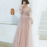 Pink tulle lace long prom dress pink evening dress - Thumbnail 2