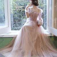 Pink tulle lace long prom dress pink evening dress - Thumbnail 3