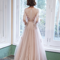 Pink tulle lace long prom dress pink evening dress - Thumbnail 4