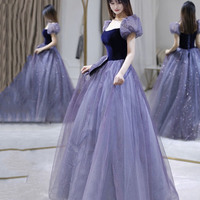 Purple velvet tulle long prom dress evening dress - Thumbnail 1