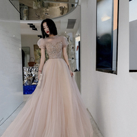 Cute tulle beads long prom dress A line evening gown - Thumbnail 5