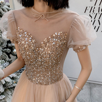 Cute tulle beads long prom dress A line evening gown - Thumbnail 2