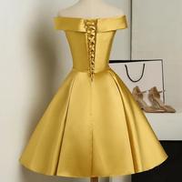 Off Shoulder Gold Short Satin Knee Length Homecoming Dress - Thumbnail 1