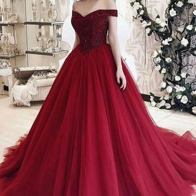 Off the shoulder burgundy tulle prom dresses with beading - Thumbnail 5