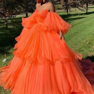 Off the shoulder orange ball gown party dresses - Thumbnail 3