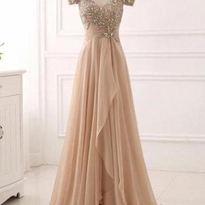 Elegant champagne a-line chiffon prom dress with beaded  - Thumbnail 2