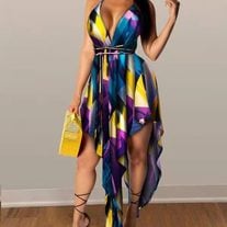 Elegant Sling High Waist Printed Dress