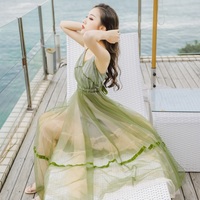 Green v neck short A line dress fashion dress - Thumbnail 2