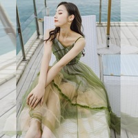 Green v neck short A line dress fashion dress - Thumbnail 5