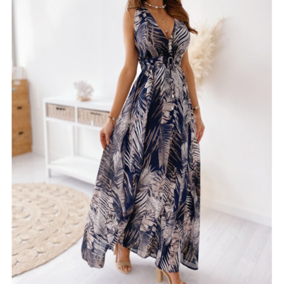 Elegant v-neck sleeveless backless printed dress - Thumbnail 2