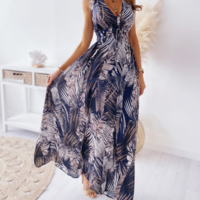 Elegant V-Neck Sleeveless Backless Printed Dress - Thumbnail 1