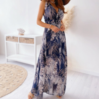Elegant V-Neck Sleeveless Backless Printed Dress - Thumbnail 2