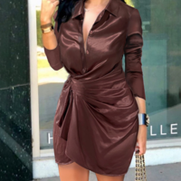 V-Neck Solid Color Long-Sleeved Dress - Thumbnail 1