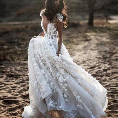 Vintage cap sleeves v neck lace wedding dresses with 3d flowers - Thumbnail 4