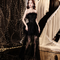 Unique tulle sequins long prom dress black evening dress - Thumbnail 4