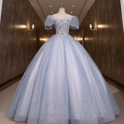 Blue tulle lace long ball gown dress formal gown
