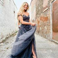 Cute A Line Sweetheart Black Tulle Prom Dresses with Appliques, Split Prom Dress - Thumbnail 1