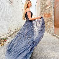 Cute A Line Sweetheart Black Tulle Prom Dresses with Appliques, Split Prom Dress - Thumbnail 2