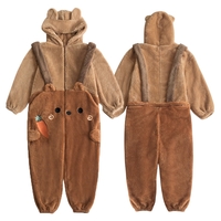 Japanese Winter Soft Plush Fluff Embroidery Carrot Teddy Bear Ears Hoodies Cute Nightgown Full Overall Brown Two Tone Warm Pajamas - Thumbnail 3