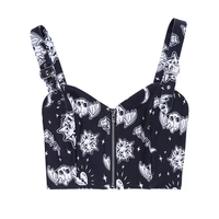 Cute Black Goth Skull Bat Goat Print Zipper Front Camisole Crop Top Tank Summer Aesthetic Casual E-Girl Kawaii Korean Japanese Harajuku - Thumbnail 5