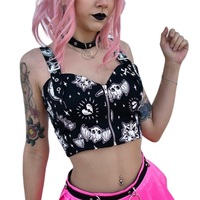 Cute Black Goth Skull Bat Goat Print Zipper Front Camisole Crop Top Tank Summer Aesthetic Casual E-Girl Kawaii Korean Japanese Harajuku - Thumbnail 2