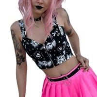 Cute Black Goth Skull Bat Goat Print Zipper Front Camisole Crop Top Tank Summer Aesthetic Casual E-Girl Kawaii Korean Japanese Harajuku - Thumbnail 3
