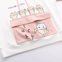 Cute Sweet Pastel Pink Cat Fish Print Soft Long Sleeve Hoodie Sweatshirt Pullover Aesthetic Casual E-Girl Kawaii Korean Japanese Harajuku - Thumbnail 3