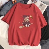 Cute Witch Anime Girl Cresent Moon Print Oversized Short Sleeve Shirt Summer Aesthetic Casual E-Girl Kawaii Korean Japanese Harajuku - Thumbnail 3