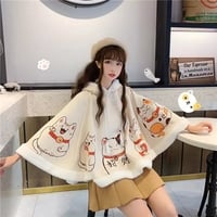 Cute Lucky Cat Ears Cloak Hoodie Pullover Sweatshirt Autumn Winter Aesthetic Casual E-Girl Kawaii Korean Japanese Harajuku - Thumbnail 3