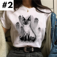 Cute Spooky Black Cat Halloween Horror Print Oversized Short Sleeve Shirt Aesthetic Casual E-Girl Kawaii Korean Japanese Harajuku - Thumbnail 3