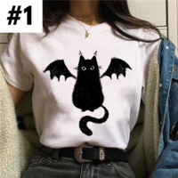 Cute Spooky Black Cat Halloween Horror Print Oversized Short Sleeve Shirt Aesthetic Casual E-Girl Kawaii Korean Japanese Harajuku - Thumbnail 2