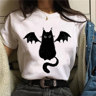 Cute spooky black cat halloween horror print oversized short sleeve shirt aesthetic casual e-girl kawaii korean japanese harajuku