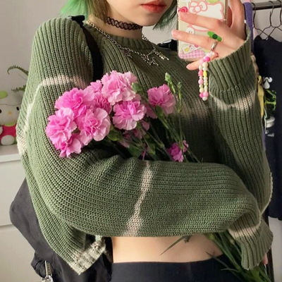 Tie dye green color block long sleeve top