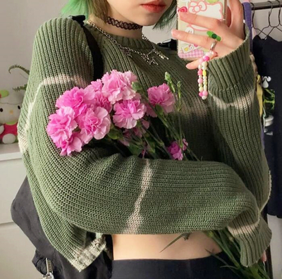 Tie Dye Green Color Block Long Sleeve Top