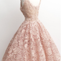 Tea Length Lace Pink Prom Dresses Homecoming Gown - Thumbnail 1