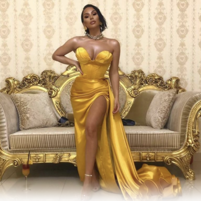 Yellow gold prom dresses slit side - Thumbnail 4