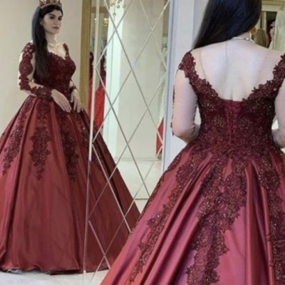 V Neck Burgundy Prom Dresses with Seeves